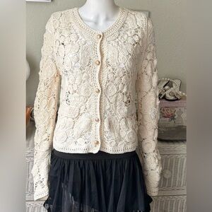 Cloth by Design Cardigan Button Down Cotton Crochet Knit in Ivory Size L NWOT